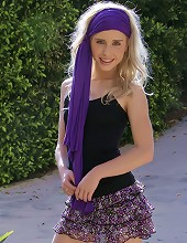Stunning Kara in her hot purple bandana and boots teasing outdoors and flashing her goodies